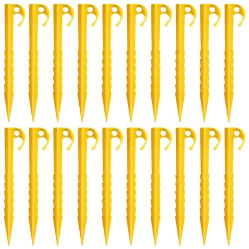 SYEYCW 20 Pcs Plastic Tent Pegs, Heavy Duty Awning Pegs, Durable Tent Pegs, Yellow Camping Spike Hook, Reusable Canopy Stakes, Pegs Accessory, Tent Nails for Fixing Tent, Tarps, Garden Weed Mat