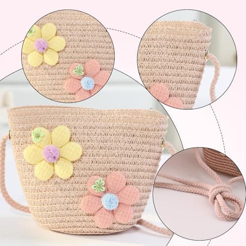FOSDICK Straw Crossbody Bag With Girls Sunglasses, Small Straw Bag, Woven Straw Beach Bags, Summer Bags for Girl, Floral Holiday Handbag Daily Use, Travel, Beach and Outdoor Activities (Pink) — view 5