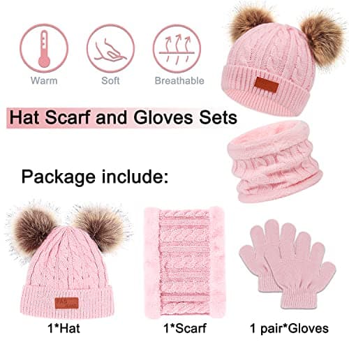 Kids Winter Beanie Hat Scarf Gloves Set 3 in1, 3Pcs Knit Warm Toddler Winter Cap Gloves Neck Warmer for Boys Girls 1-6 Year, Winter Accessories Sets for Children Outdoor Sports (Pink) — view 5