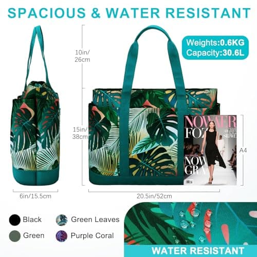 VASCHY Large Beach Bag with Zip, 30L Oversized Utility Travel Tote Bags for Women Waterproof Sandproof Summer Bag with Wet bag Foldable Handbag for Holiday Pool Gym Shopping Green Leaves — view 3