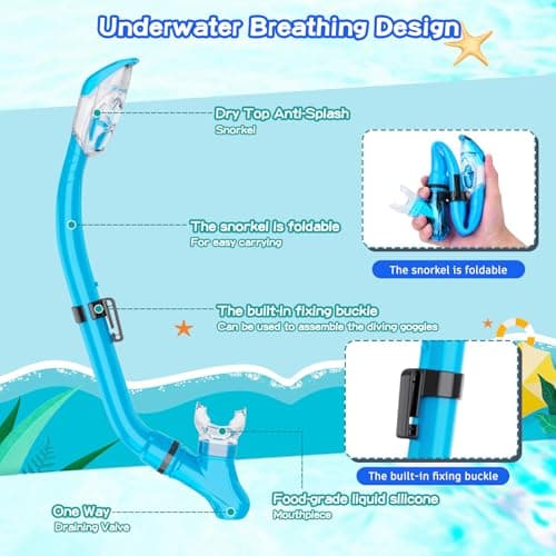 Snorkeling Gear for Kids with Foldable Silicone Full Dry Snorkel, Kids Snorkel Set Anti Leak Youth Junior Snorkeling Package Diving Mask Soft Tube with Mesh Bag Swimming Goggles, Sky Blue — view 3