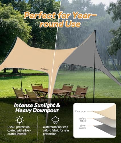 WADEO Camping Tarp Shelter with Poles, Waterproof Heavy Duty Bushcraft Tarp, Rain Fly Hammock Cover, Outdoor Shelter for Camping, Hiking, Festival (New Khaki - 3x4.5m) — view 6
