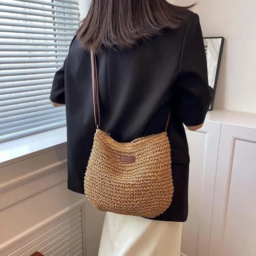Yunzhou1230 Straw Bag for Women, Summer Straws Beach Bag with Zip & Adjustable Strap, Bohemian Weave Holiday Handbag, Straw Crossbody Bag for Travel, Crochet Handbags for Summer Holidays — view 2