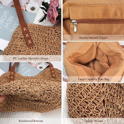 Straw Beach Bag for Women, Summer Straw Tote Bag Handbag with Zip Leather Handles, Retro Handmade Boho Casual Woven Travel Holiday Shoulder Bags for Beach Vacation Outdoor Shopping Daily Use (Coffee) — view 5