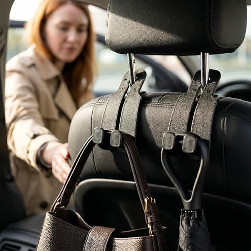 Solvio2 Pack Car Headrest Hooks, 2-in-1 Car Seat Back Storage Hooks with Phone Holder, Universal Leather Car Organiser Hanger for Handbags, Purses, Coats, Grocery Bags & Umbrellas (Black) — view 5