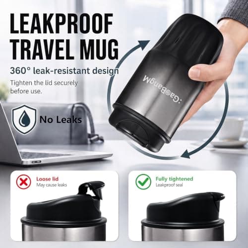 : GaoBangM 450ml Travel Mug,Insulated Coffee Cup with Leakproof Lid,Black-1 — view 3