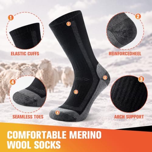 Veximora Merino Wool Hiking Socks for Men Women, Black 9-12, 3 Pairs — view 5
