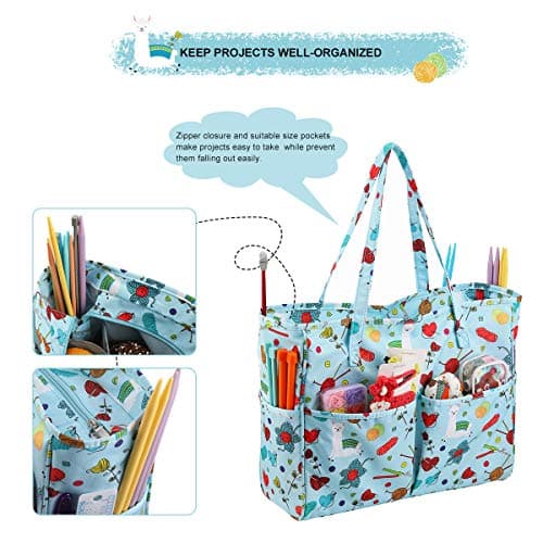 LOOEN Crochet Knitting Tote Bag - Empty Yarn Storage Organiser with Zipper & 10 Pockets (36x14x30cm), Travel Carrier for Hooks, Tangle-Free Wool Skeins, Alpaca Pattern Blue (Bag Only) — view 5