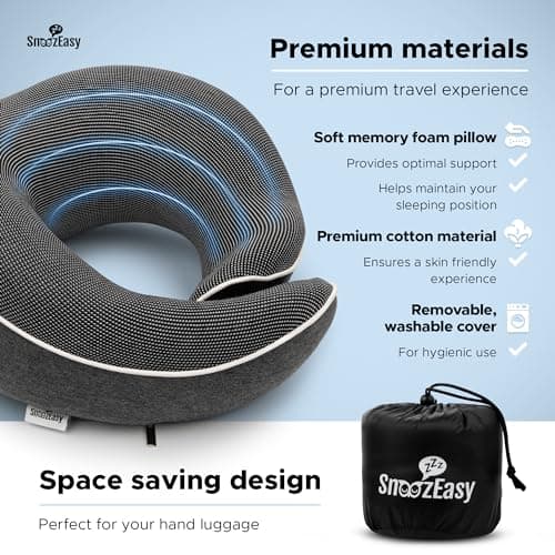 SnoozEasy™ Travel Pillow for Adults | Memory Foam 360 Degree Neck Support with Removable Pillow Case | Includes Travel Bag, Eye Mask and Ear Plugs | Dark Grey | UK Brand — view 5
