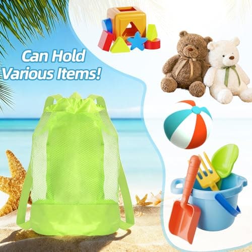 3Pcs Mesh Beach Toys Backpack Bag, Water Bottle Carrier, Large Portable & Foldable Sea Shell Bag With Adjustable Carrying Straps Set for Outdoor Activities (Green) — view 6