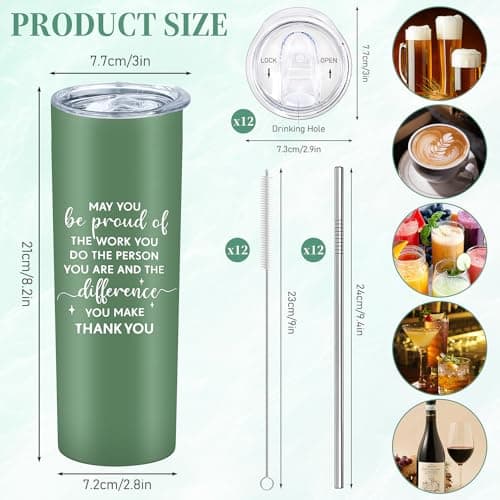 Xaztr 12 Pack Stainless Steel Tumbler Bulk, 600ml Insulated Vacuum Travel Coffee Mug Double Walled Tumbler with Lid and Straw for Cold Hot Drinks, Inspirational Christmas Thank You Gifts — view 2