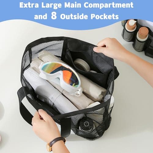 KUAOOAUK Large Mesh Tote Bag with 9 Pockets, Black Waterproof Beach Bag — view 2
