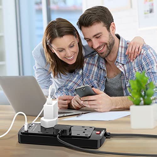 POWSAF 6 Way Extension Lead with 4 USB Slots (3.4A, 1 Type C and 3 USB-A Ports),Power Strip Extension Cord with 6 Plug Extension Socket and 2M Extension Cable for Home Office Travel,Black — view 2