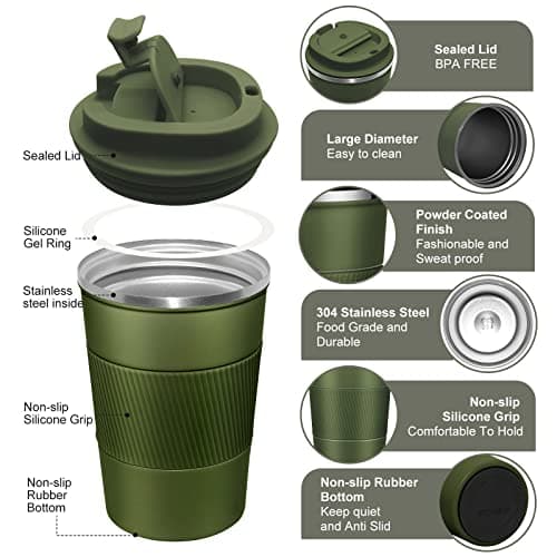 EALLEN Travel Mug with Leakproof Lid,Insulated Reusable Coffee Mug for Hot&Cold Drinks/Tea,Portable Stainless Steel Thermal Takeaway Travel Coffee Cup for Car//Picnic/Office/School (Green), (CM03RD) — view 3