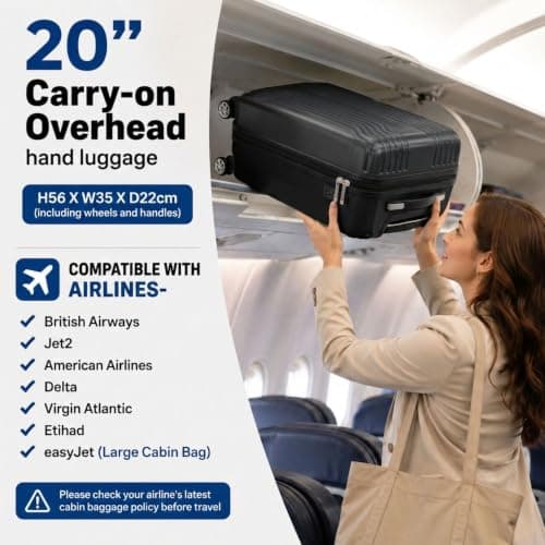DK Luggage Carry-on 20” Cabin Virgin Atlantic, EasyJet, BA, Jet 2 Hard Shell Hand Luggage Suitcase 4 Wheel Spinner Luggage ABS25 (Black, 20" Carry-on) — view 3