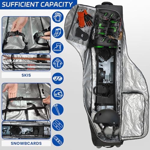 TurnWay Padded Ski Bag with Wheels for Air Travel, Double Rolling Snowboard Bag Heavy Duty Waterproof for Storage & Transportation of Snowboard/Ski Gear (Black) — view 2