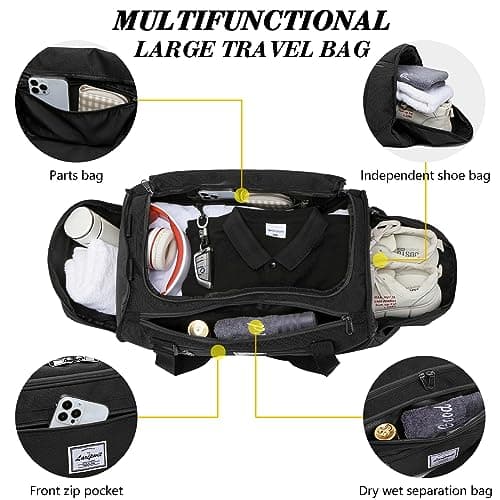 Laripwit Gym Bags for Men, 40L Medium Sports Duffle Bag with Shoe Compartment & Wet Pocket, Lightweight Duffel Bag Backpack Multipurpose Weekend Overnight Holdall Travel Bag Women, Black — view 4