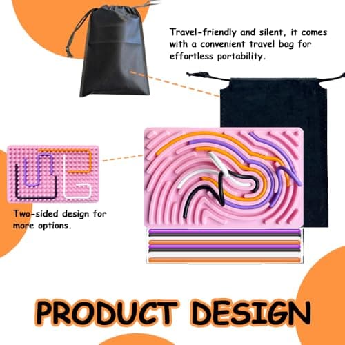 Albiuev Sensory Activity Board for Children, Silicone Fidget Toys for Calming, Stress, Anxiety, ADHD & Autism, Fine Motor Skill Board includes Portable Travel Bag & 20 Strings (Pink) — view 2