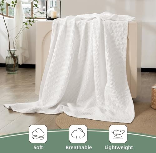 CHUFFED 100% Cotton Waffle Blanket Bed Throw Single Size-Throw Blanket for Bed Sofa Travel-Soft Lightweight Breathable Blankets and Throws for All Season Bleached White Throw 130x150cm — view 3