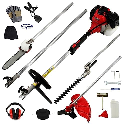 T-MECH Cordless Garden Multi Tool 5 in 1 Long Reach Hedge Trimmer Strimmer Chainsaw Grass Cutter Brush Cutter Extension Pole Petrol 52cc 1.6KW 3HP 9000RPM 2 Stroke FREE Safety Equipment