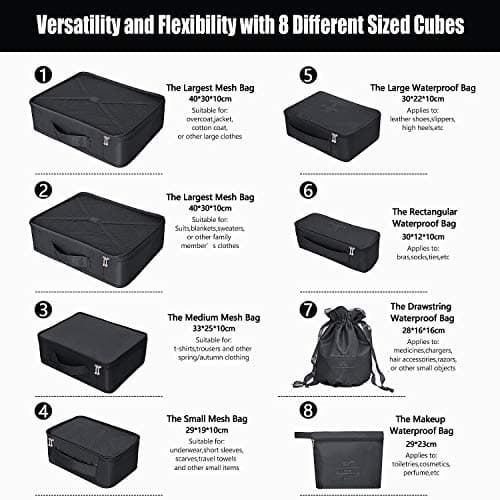BETLLEMORY Packing Cubes 8 sets Travel Luggage Organizers with Waterproof Shoe Storage Bag Compression Pouches (Black) — view 3