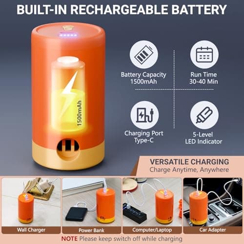 HAFOEEP Mini Electric Air Pump for Inflatables, USB Rechargeable, Fast Inflating & Deflating, 5 Nozzles for Air Bed Mattress Paddling Pool Toys Swimming Ring Vacuum Bags, Portable Air Pump Camping — view 3