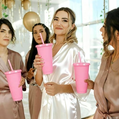 Yisituo 710ml Reusable Plastic Cups, 20 Pack Cold Cups with Lid and Straw, Tumblers Travel Mugs for Adults and Madam Party and Beach, Pool Gatherings (20, Pink) — view 5