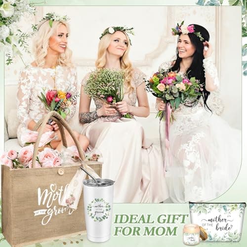 2 Sets Mother of Bride and Groom Gifts, Includes 590 ml Insulated Cups with Straw Handbag Makeup Bag Wedding Handkerchief Candles for Mom Mother in Law Bridal — view 6