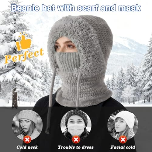 Ashloter 3 in 1 Beanie Hat for Women, 3in1 Thermal Winter Balaclava Knitted Hood with Scarf and Face Mask, Windproof Warm for Outdoor Skiing Hiking Running Skiing Cycling Ladis Men Grey — view 6