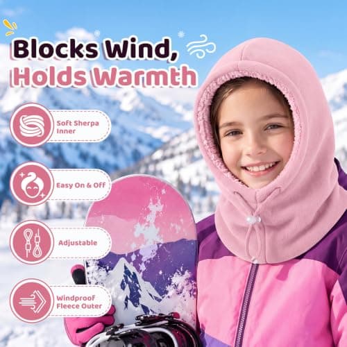 Beehow Kids Balaclava Winter Windproof Fleece Hat – Ski Mask for Boys Girls, Soft Sherpa Lined Stretch Fit for 6-12 Years (Light Pink) — view 2