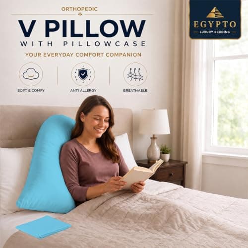 EGYPTO Orthopaedic V Pillow with Pillowcase | Anti-Allergy V Shaped Pillows for Neck & Back | Ideal for Pregnancy, Nursing & Recovery Triangle Pillow (Sky Blue) — view 2