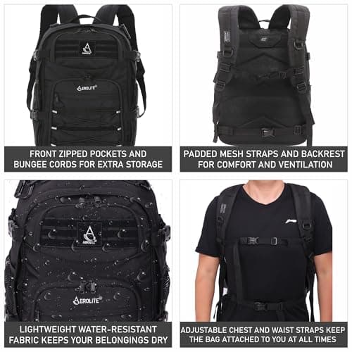 Aerolite 40x30x20cm Ryanair & Wizz Air Max 24L Tactical Backpack Water-Resistant Camping Hiking Trekking Travel Carry On Hand Cabin Luggage Flight Rucksack Bag 40x30x20 Ryanair Wizz Air Approved Black — view 3