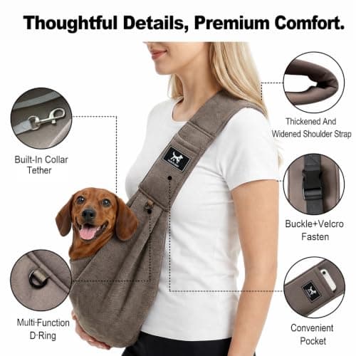 PAWPUBBY Dog Sling Carrier, Wide Padded Shoulder Strap for Extra Comfort, Hands-Free Adjustable Pet Carrier Sling for Small Dogs, Puppies & Cats, Breathable Lightweight for Travel Walking (Caramel, M) — view 2