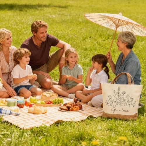 Grandma Birthday Gifts, Tote Bag Large Jute Shopping Bag with Floral Design, Grandma’s Day Gifts, Gift for Grandma Everyday Use Grandma Christmas Gift, Reusable Shoulder Bag for Shopping Picnic Travel — view 3