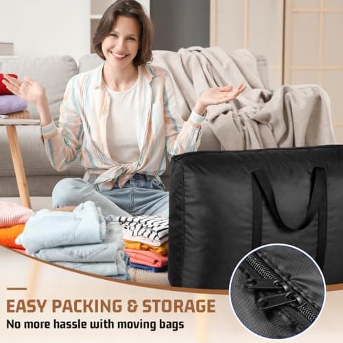 Abbylike 12 Pack 26gal/100l Extra Large Moving Bags Bulk Heavy Duty Space Saving Oversized Duffle Storage Tote Bags with Handle and Zippers for Travel Blanket Clothes Quilt(Black Blue) — view 5