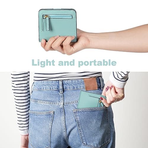 Aucuu Women's Wallet, RFID Blocking Leather Compact Bifold Wallet, Women's 7 Cards Slim Minimalist Card Holder with ID Window, Small Ladies Coin Purse, Light Blue — view 6