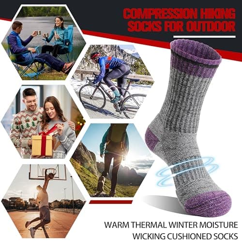 Welwoos Merino Wool Walking Hiking Socks for Women Men Thermal Winter Warm Cosy Crew Work Gift Socks Stocking Fillers 5 Pairs(Purple, 3-7) — view 6