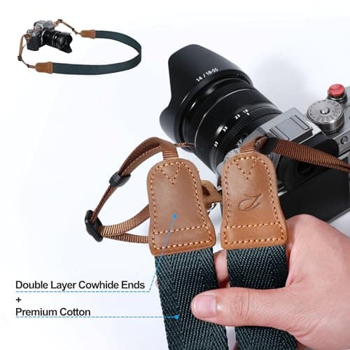 Padwa Lifestyle Dark Blue Green Camera Strap -Double Layer Crazy Horse Cowhide End,1.5" Wide Pure Cotton Woven Camera Straps,Adjustable Neck Shoulder Strap for All DSLR Cameras,Gift for Photographers — view 4