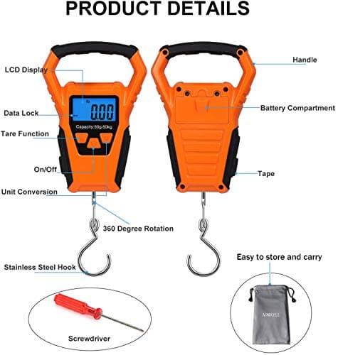 aokuy Waterproof Fishing Scale with Ruler, Luggage Scale, Weight Hanging Hook Scale,110lb/50KG-Backlit LCD Display.Waterprof bag and 2 AAA Batteries Included — view 5
