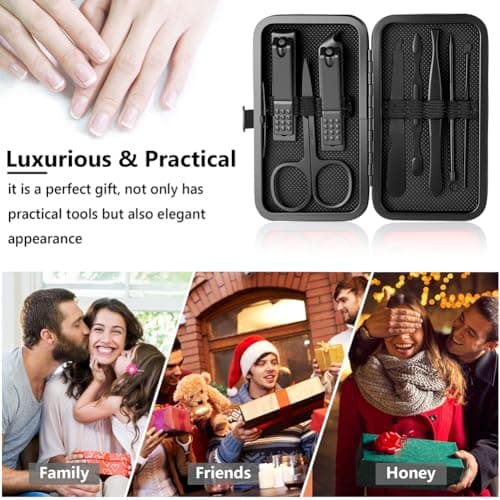 URAQT Professional Manicure Set, 8 pcs Portable Nail Clippers & Eyebrow Grooming Kit, Stainless Steel Nail Care Tools with Luxurious Leather Case for Travel & Home（Black） — view 4