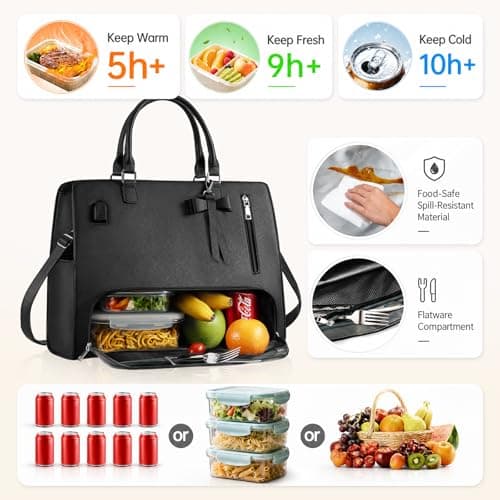 Tiostep 2-in-1 Lunch Tote Cooler Bag for Women — Laptop Bag & Insulated Lunch Compartment, Detachable Wristlet Wallet, Fits 15.6-Inch Laptop, Perfect for Work, Picnic & Travel (Black) — view 3