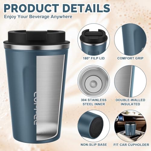 MOMSIV Blue Coffee Cup, Vacuum Reusable Leakproof Double Wall Coffee Cup, Insulation Stainless Steel Eco-Friendly Travel Office Mug for Hot Coffee Tea and Cold Drinks, 13oz/380ml — view 6