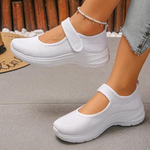 Mary Jane Sneakers for Women Wide Fit Orthopedic Trainers Walking Breathable Adjustable Strap Anti Slip Summer Casual Ladies Outdoor Sport Shoes (White 5.5 UK/Foot Length 24.5cm) — view 5