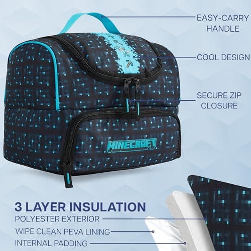 Get Trend Minecraft Kids Insulated Lunch Bag, Dual Compartment Lightweight Cooler Bag with Handle for Kids Lunch Box & Snacks, Travel School & Picnic Food Carrier, Gamer Gifts for Boys (Multi) — view 4