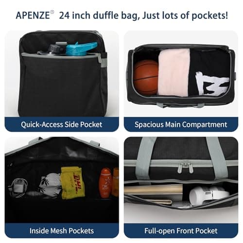 Apenze 65L Mens Gym Bag Sport Holdall with Wet/Shoe Compartment - 24 inch Multi-Pockets Duffel Bag for Travel/Gym/Sports - Black — view 4