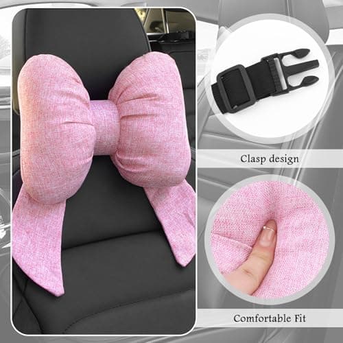 Figpade Cute Bow Car Headrest Pillow,Comfortable & Breathable Car Neck Pillows for Relief Neck Fatigue,Universal Head Rest Pillow for Cars Decoration as Birthday Gifts for Women,Girl (Pink) — view 4