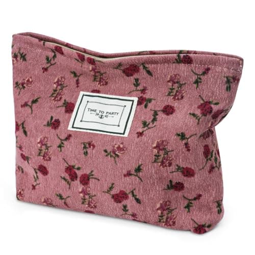 Aucuu Cosmetic Bags for Women, Small Floral Canvas Cosmetic Bag, Rose Flower Printing Corduroy Toiletry Bag, Multifunctional Travel Makeup Bag with Metal Zipper for Women Girls Gift - Red Rose