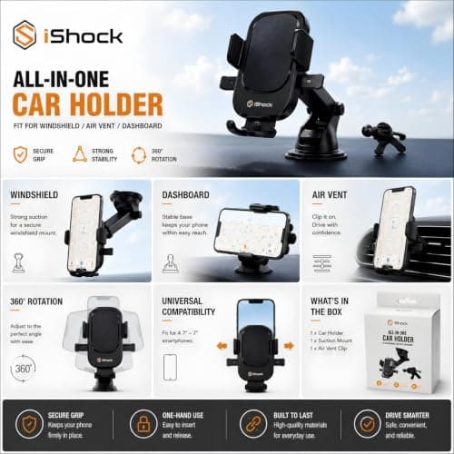 Car Phone Holder for Car Dashboard, Windscreen & Air Vent, 3-in-1 Strong Suction Mobile Phone Mount, 360° Rotatable Adjustable Car Phone Stand, Universal Holder for iPhone & Samsung — view 2