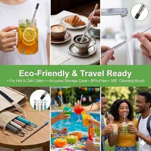 Metal Straws Reusable Drinking, 4 Pack Foldable Travel Straws with Carry Case, 304 Stainless Steel, Adjustable Length up to 23cm, Includes Cleaning Brush, Eco-Friendly — view 6