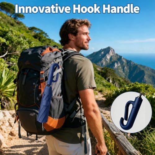 NKFBEV Travel Umbrella with Carabiner Handle, Windproof Umbrella for Rain and Sun, 10 Ribs, Auto Open Close, UV Protection, Compact Portable, Travel Umbrella Compact for Women Men Kids (Navy Blue) — view 6